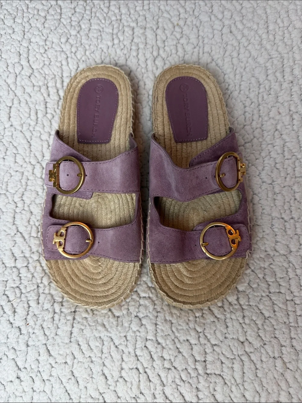 Tory Burch Lavender Suede Double-Buckle Slide Sandals